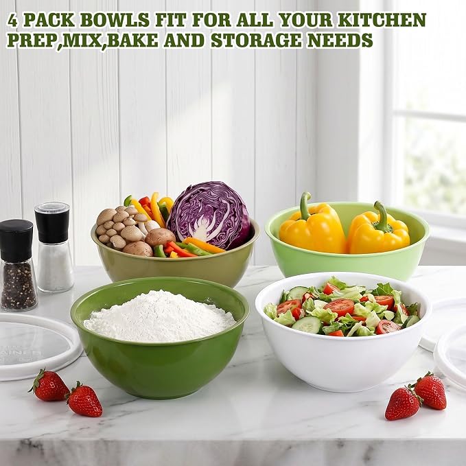Greentainer 4-Piece Plastic Mixing Bowl Set with Lids for Kitchen, 67oz Lightweight Storage Bowls, Large Salad Bowls for Baking, Prepping, Cooking and Serving Food, Dishwasher & Microwave Safe