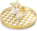 AMH 12-Inch Gold and White Checkerboard Lazy Susan with Metal Rail | Smooth rotating oak tray with walnut finish for dining tables, kitchen counters, pantries and cabinet storage.