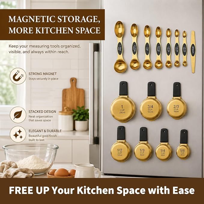 Stainless Steel Magnetic Measuring Cups and Spoons Set of 15 | Double Sided for Dry and Liquid Ingredients, BPA Free, Rust Resistant,Dishwasher Safe with Leveler for Baking and Cooking