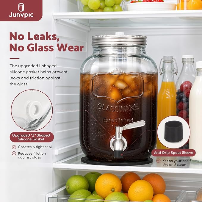 JunVpic Cold Brew Coffee Maker, 128 oz/1 Gallon Glass Pitcher | Wide mouth, heavy-duty, leakproof lid, stainless steel filter and spigot for iced coffee, lemonade, tea and fruit drinks