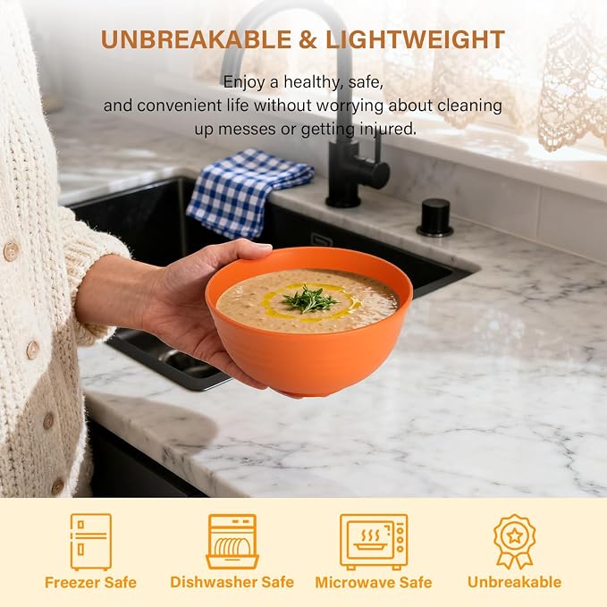 Plastic Bowls Alternative, Unbreakable Wheat Straw Cereal Bowls 8 PCS - Microwave & Dishwasher Safe Bowl for Cereal, Snack, Rice, Salad, Soup Bowls for Kitchen, Camping, Party(Muliti,26 OZ)