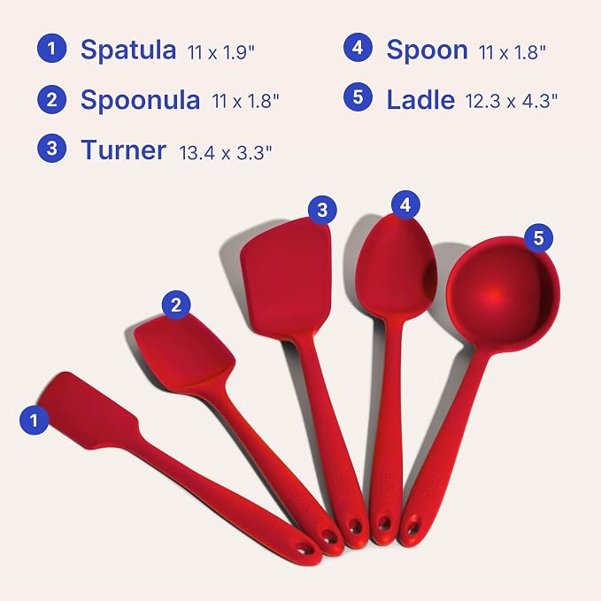 GIR 5-Piece Silicone Kitchen Utensils Set, Non-Toxic Cooking Utensils for Cooking and Baking, Heat Resistant, Food Grade, Dishwasher Safe Rubber Spatula, Ladle, Spoon - Cherry Red