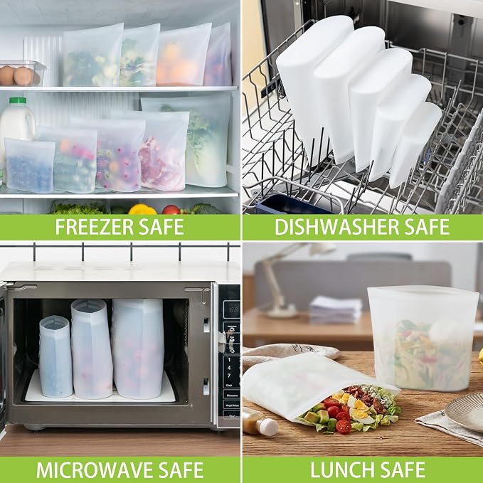 100% Silicone Reusable Storage Bag, 9 Pack Stand-Up Wide-Mouth Zip-Lock Food Storage Bags, Easy-Fill Easy-Open Easy-Clean Space-Saving, Microwave & Dishwasher Safe, 1 XL/3 L/1 M/3 S/1 XS, Translucent