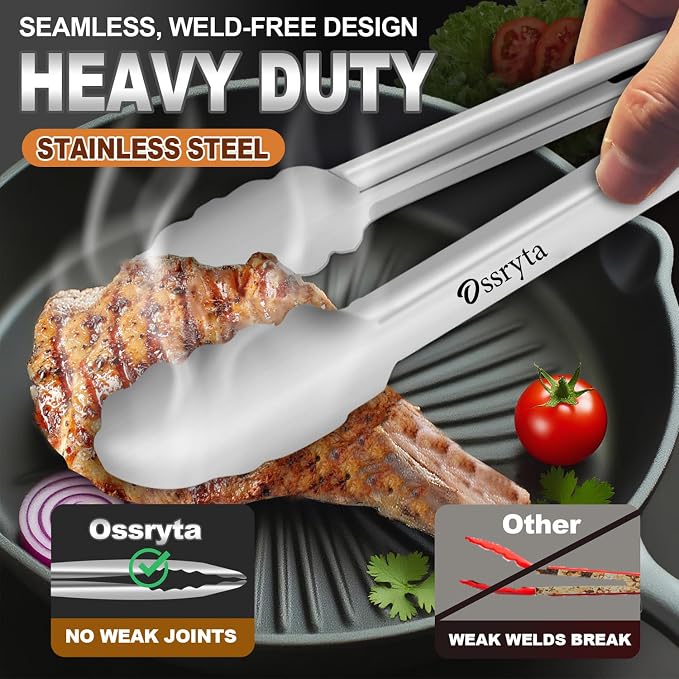 Stainless Steel Cooking Tongs Set of 3 - Heavy Duty 12/9/7 Inch Locking Tongs, Heat Resistant to 600 Degrees, Food Grade Kitchen Metal Tong for Food, Salad, & BBQ - Dishwasher Safe