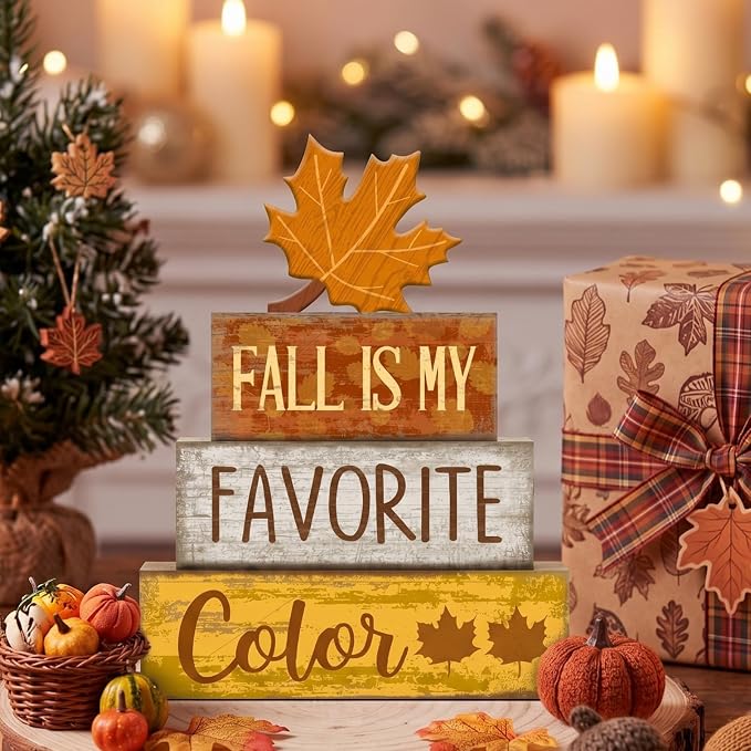 Lineshading 4 Pcs Fall Wooden Block Signs Farmhouse Tabletop Maple Leaf | Rustic Tiered Tray Decor, Stackable Autumn Blocks with Maple Leaf Cutout, Gift for Farmhouse Table Centerpiece Display