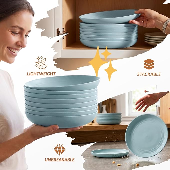 Wheat Straw Deep Plates 9 Inch Unbreakable & Lightweight Plastic Dinner Plates Alternative for Dessert, Sandwich 8 PCS Microwave & Dishwasher Safe Reusable Plate for Camping, RV-Light Blue