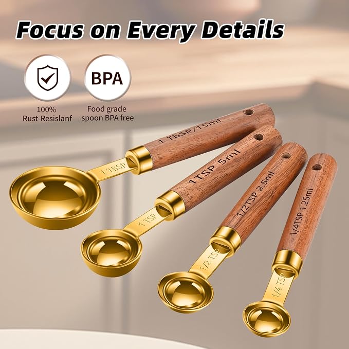Wooden Handle Measuring Cups & Spoons Set 8-Piece – Stainless Steel, Stackable, Rustic Farmhouse Kitchen Gadgets, Non-Toxic, Dishwasher Safe, Gift for Bakers & New Homeowners