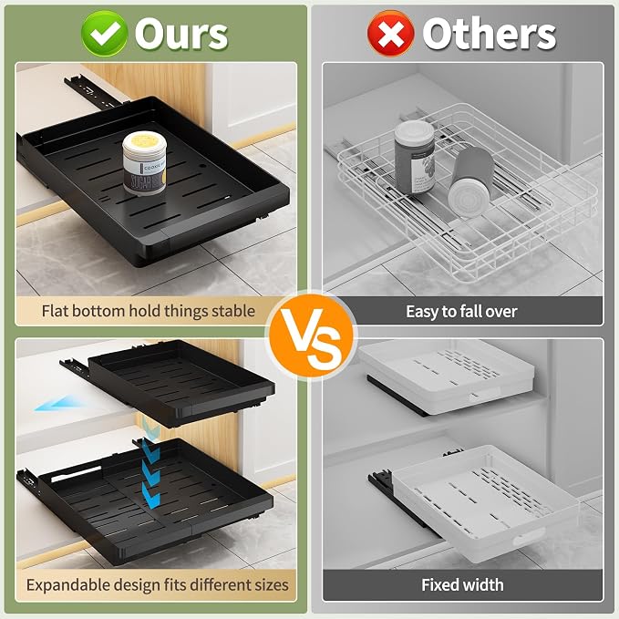 DOMNIU Pull Out Cabinet Organizers Expandable,Black,20.8" Depth,2 Pack | Slide Out Drawers for Kitchen, Bathroom, Pantry, Under Sink Storage, Fixed with Adhesive Nano Film (13''-19'')