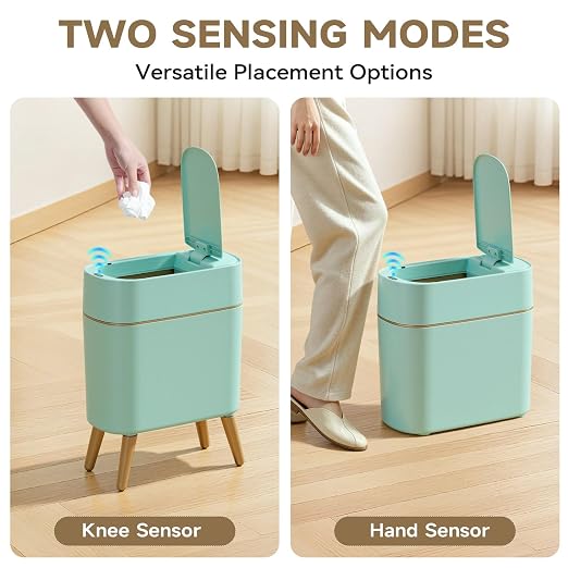Touchless Bathroom Trash Can with Lid, Cute Tall Green Wastebasket | Waterproof,Narrow,Automatic,Convenient and Hygienic Easy to Use，2.6 gallon Small Garbage bin for Bedroom, Office，Living Room