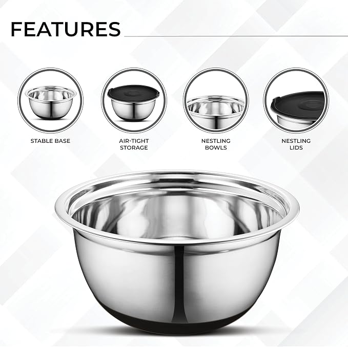 Premium Brushed Stainless Steel Mixing Bowls Sets, Easy To Clean, Space Saving, Great for Cooking, Baking, Prepping Needs 0.25qt, 1qt, 1.5qt, 3qt, 5qt (9 pc Anti Slip with Lid and Graters)
