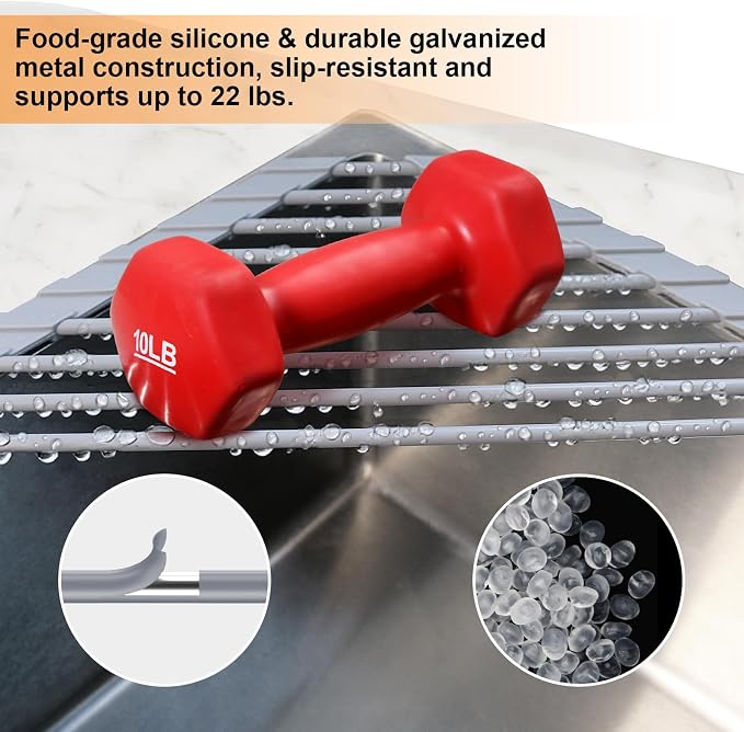 Triangle Roll Up Dish Drying Rack for Sink Corner, Silicone Wrapped Sponge Holder for Kitchen Sink Caddy Organizer Multipurpose Corner Shelf Drainer Mat for RV Kitchen Sink Accessories Counter Storage