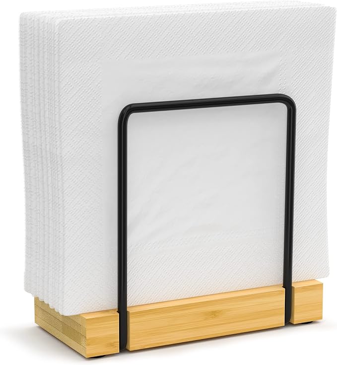 Wican Napkin Holder for Table, Bamboo Iron Standing Napkin Dispenser | Kitchen Dining Table Farmhouse Cocktail Picnic Rustic Wood Holders, Mail Bills, Suitable Dining Room Decors, Black & Yellow