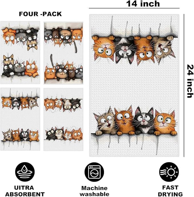Jztco 4 Pcs Cute Cat Kitchen Towels, Funny Cats Absorbent Hand Tea Towel | Cats Dish Cloths for Drying Dishes, Waffle Dish Towels for Kitchen Bathroom Decor, Cat Lover Gifts for Women Mom