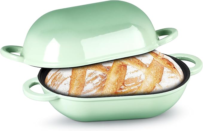 TeamFar Enameled Cast Iron Bread Loaf Pan, 2 QT Oval Dutch Oven with Lid | for Sourdough Bread Baking, Enameled Meatloaf Loaf Baking Pan with Lid, Even Heating & Self-Basting, Pistachio Green