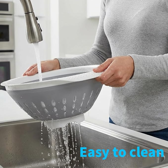 5 Quart Collapsible Colander，BPA Free，Dishwasher Safe，Silicone Food Strainer with Plastic Handles，Heavy Duty Foldable Heat Resistant Pasta and Veggies Kitchen Drainer Steam Basket，Gray