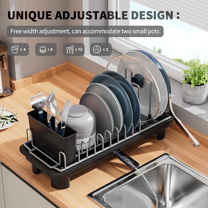 Small Dish Drying Rack, Stainless Steel with Drain Board & Utensil Holder | Anti-Scratch Base, Space Saving Design for Kitchen Counter, Black