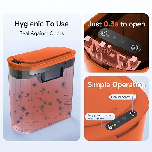 TIPGO 5 Gallon Automatic Bathroom Trash Can with Lid, Orange, Touchless | Motion Sensor, Slim Smart Garbage Bin, Plastic Wastebasket, Battery Operated, Manual Button, for Bedroom, Office,RV