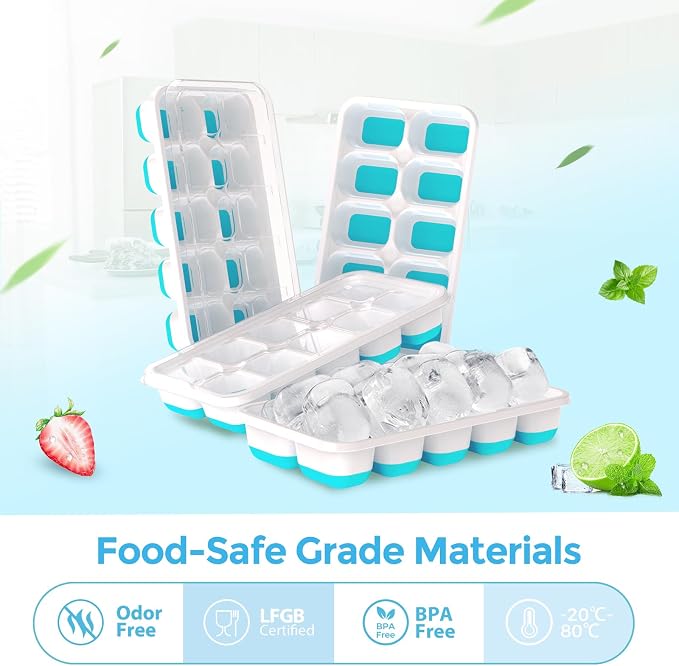 DOQAUS Ice Cube Tray with Lids, 4 Pack Silicone Ice Trays for Freezer | Stackable BPA & LFGB Safe, Easy Release for Kitchen, RV, Cocktail, Coffee, Soup & Food