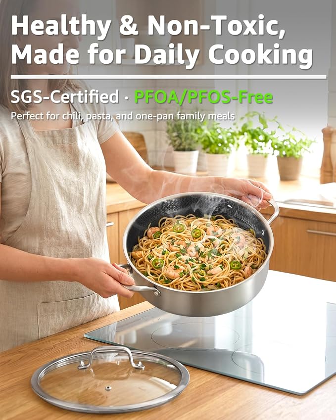 LOLYKITCH 8 QT Large Deep Frying Pan with Lid | 13 Inch | Riveted Handles | Ceramic Nonstick | Tri-Ply Stainless Steel Skillet | Saute Pan | Hybrid Cookware | Oven & Induction Ready | 8-10 Servings