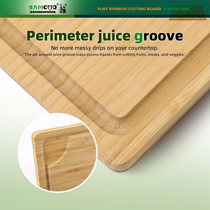 BAMOTTO CRAFTBAMBOO Extra Large Bamboo Cutting Board 24"x18" | Juice Groove | Handles | 100% Natural Bamboo Flat Board for Meat Carving, Charcuterie, Cheese Bread & Daily Kitchen Prep
