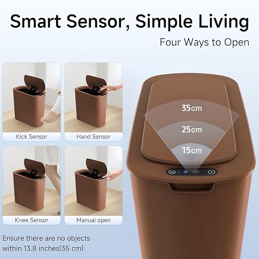 TIPGO 5 Gallon Automatic Bathroom Trash Can with Lid, Brown, Touchless | Motion Sensor, Slim Smart Garbage Bin, Plastic Wastebasket, Battery Operated, Manual Button, for Bedroom, Office,RV