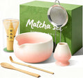 Matcha Whisk Set, Ceramic Matcha Set Includes Bowl & Holder, Bamboo Whisk (Chasen), Scoop, Spoon and Sifter, 6PCS Matcha Kit Covers Everything Needed for Making Matcha (Pink)