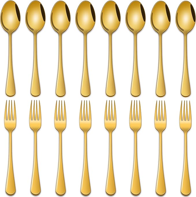 6.7 Inch Salad Forks And Teaspoon Set of 16, Gold Stainless Steel Forks And Spoons Silverware Set, Metal Small Spoon And Fork Set