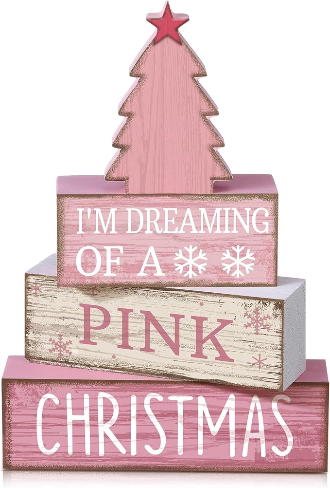 Lineshading 4 Pcs Wooden Christmas Decor Pink Tree Signs Tiered Tray | Indoor Farmhouse Tabletop Centerpiece, Pink Christmas Saying Blocks, Rustic Wood Signs for Shelves and Home
