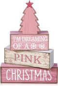 Lineshading 4 Pcs Wooden Christmas Decor Pink Tree Signs Tiered Tray | Indoor Farmhouse Tabletop Centerpiece, Pink Christmas Saying Blocks, Rustic Wood Signs for Shelves and Home