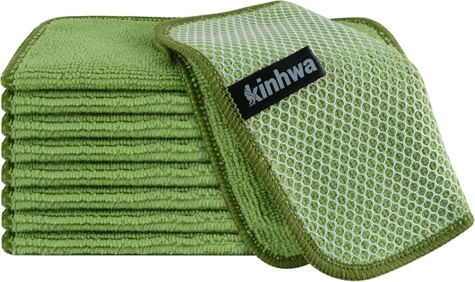 Dish Cloths for Washing Dishes with Scrub Side, Microfiber Dish Rags | Dual-sided microfiber dish cloths with scrubber for stuck-on food, quick dry kitchen washcloths 9 Pack, 7" x 7 Inch Green
