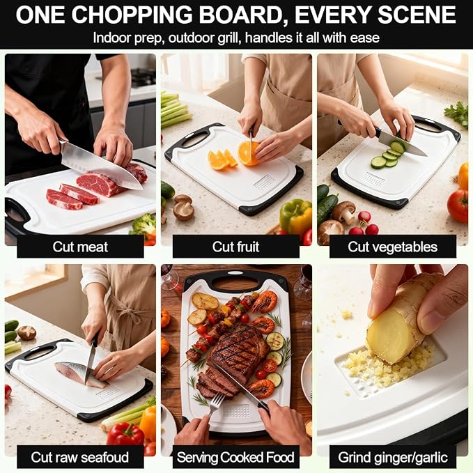 Viretang Dishwasher Safe Cutting Board for Kitchen, 3 Pieces, Grinding Area | Plastic Cutting Boards with Juice Grooves, Easy Grip Handle, Non-Slip, Non BPA, White(15.6x9.4/12.4x7.8/9.6x5.7 inch)