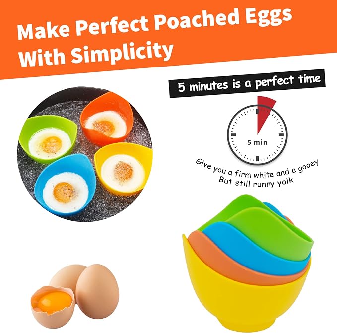 4 Pack Egg Poacher, BPA Free Silicone Egg Poachers, Egg Cups for Air Fryer, Thickened Stable Egg Cooker with Extra Oil Brush