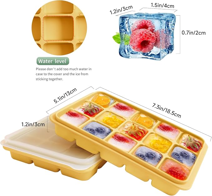Tvmania Ice Cube Trays Set of 2, 15-Cube Silicone Molds with Removable Lids | Stackable, easy release, BPA-free, reusable, for freezer and whiskey