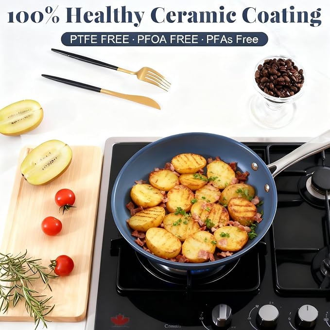 10 Inch Stainless Steel Ceramic Non Stick Frying Pan Skillet with Lid - PFOA Free, Oven Safe 550°F, Dishwasher Safe, Induction Compatible, For Searing Steaks, Cooking Eggs & All Stovetops