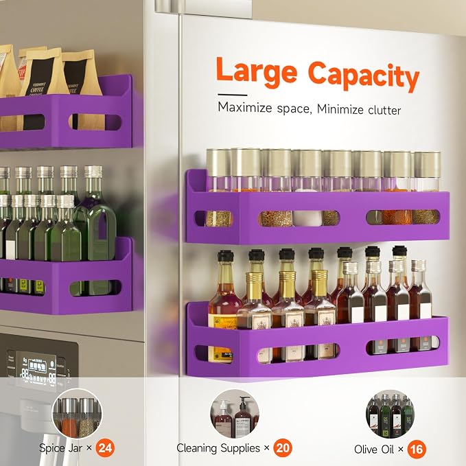 4-Pack Magnetic Spice Rack for Refrigerator with Hooks, Purple | Strong multipurpose magnetic shelf for kitchen & bathroom organization. Includes 4 removable hooks for hanging items.