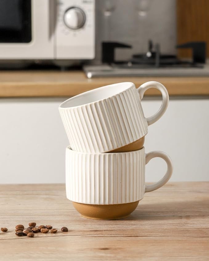 HASENSE 15 oz Ribbed Stackable Ceramic Coffee Mug Set of 4, White & Light Brown Cups with Metal Holder, Dishwasher & Microwave Safe for Cappuccino Tea Hot Cocoa, Wedding Housewarming Gifts