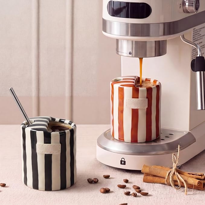 2 Pack Ceramic Mug with Sip Hole, Simple, Brown, Black | 10oz Ceramic Coffee Cup with Straws, Retro Hand Painted Striped, for Iced Coffee Tea Latte Espresso, Kitchen Dining Travel