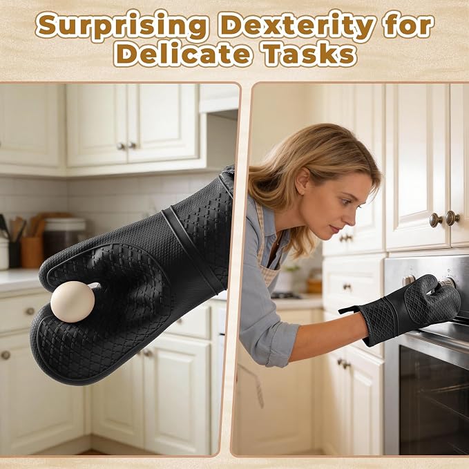 Heat Resistant Silicone Oven Mitts, Up to 500°F Protection for Baking & Grilling, 1 Pair (Black, Standard Thickness)
