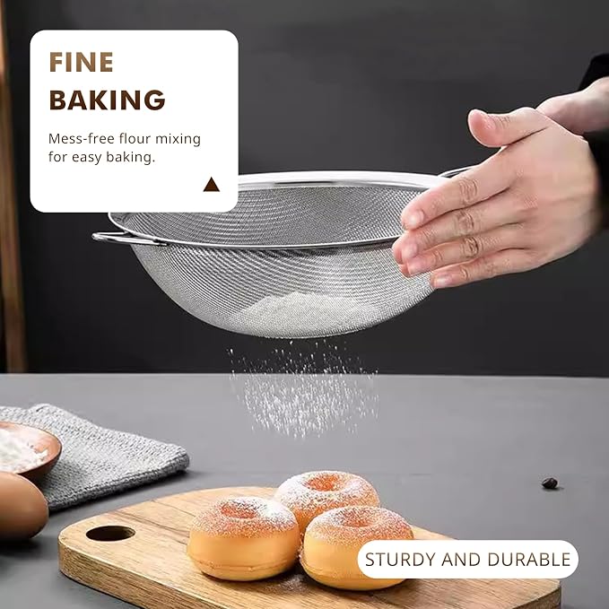 NileHome 3 Piece Mesh Strainers, Stainless Steel Strainer for Sifting, Straining, Cooking Kitchen Strainers Fine Mesh for Flour, Pasta, Loose Tea, Fruit, and Rice, Silver(2.8"+4.6"+6.3")