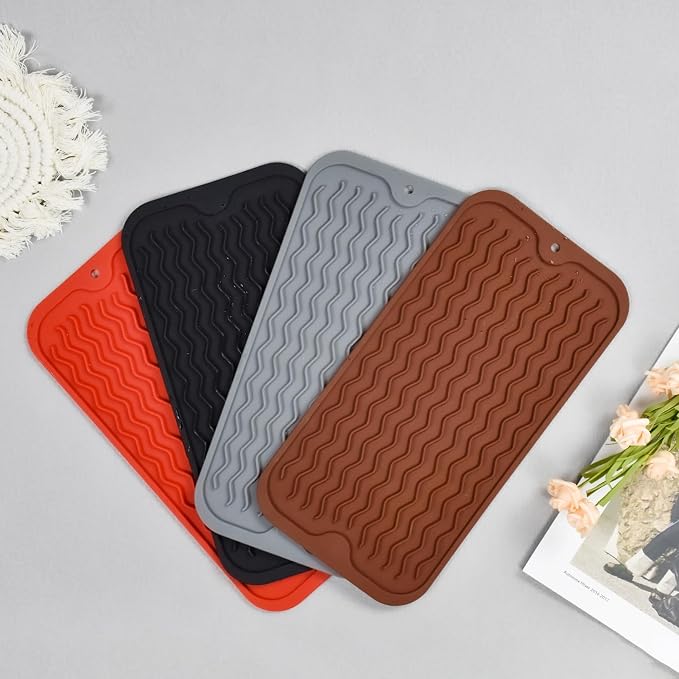 Silicone Dish Drying Mat, Non-Slip Easy Clean Sink Mat, Red, 12" x 6" | Quick-Dry Ridges, Large Heat-resistant Dish Drainer Mat for Kitchen Counter, Hangable & Roll-Up for Storage, Dishwasher Safe