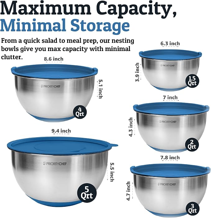 Stainless Steel Mixing Bowls with Lids Set, Metal Nesting Bowls with Airtight Lids, Graters, Non-Slip Base & Measurement Marks, Includes Utensil Set for Prep, Baking & Storage, Blue