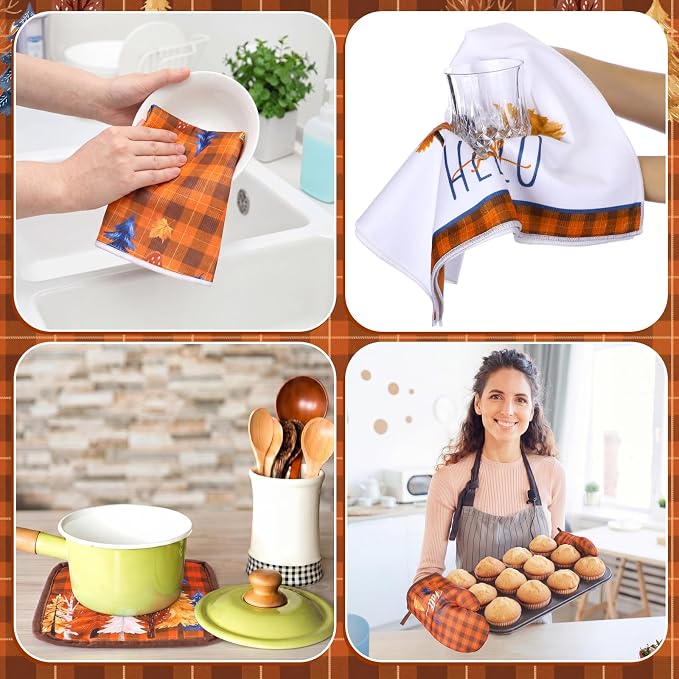 Fourluoo 10 Pcs Fall Maple Trees Kitchen Decor Set Towels Rugs Oven Mitts and Pot Holders Autumn Kitchen Accessories Set for Cooking Baking Grilling Housewarming Gift