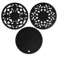 Silicone Trivets - Silicon Mats for Hot Pots and Pans, Multi-Use Carved Hot Pads, Flexible Modern Kitchen Table Mat, Heat Resistant Round Teapot Coaster Set of 3 Black