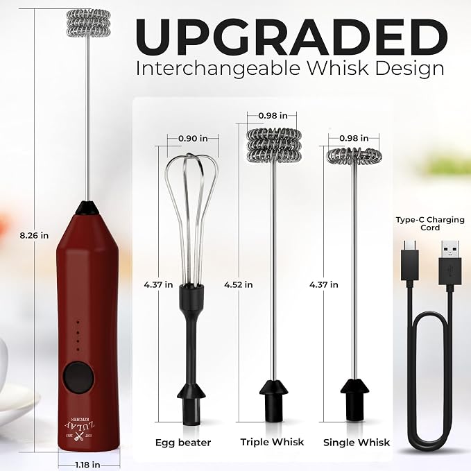 Zulay Kitchen Rechargeable Milk Frother Handheld - Frother Wand, Drink Mixer, Electric Whisk Frother, for Cappuccinos, Matcha & Protein Powder - Dynamic 3 Whisk, 3 Speed 500mAh Red Black