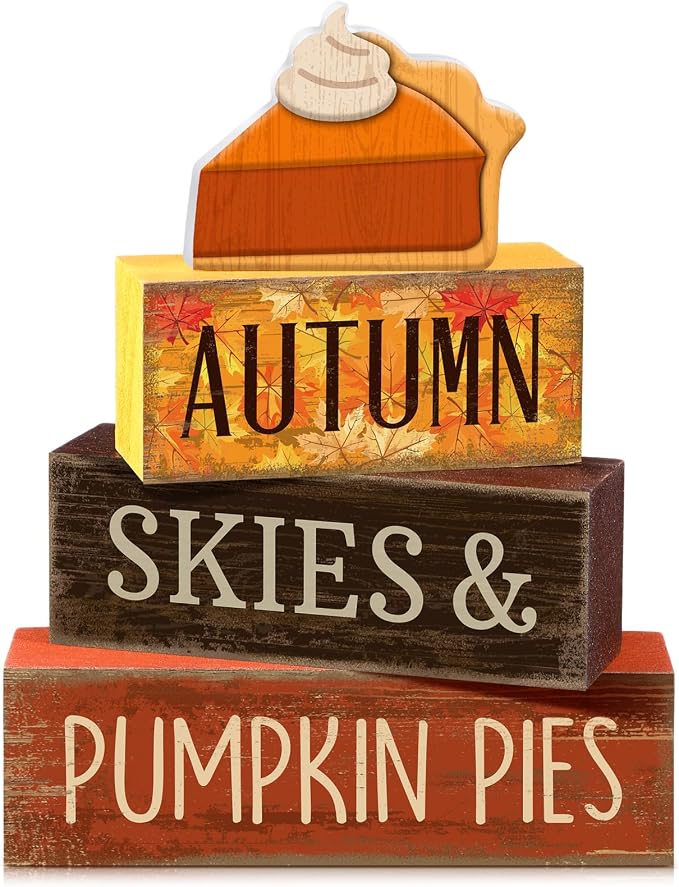 Lineshading 3 Pcs Fall Table Decor, Pumpkin Pie Wood Block Sign Home Tray | Pumpkin Pie Slice Wood Block Sign, Fall Harvest Tiered Tray Centerpiece, Rustic Autumn Home Decor, Kitchen Shelf Display