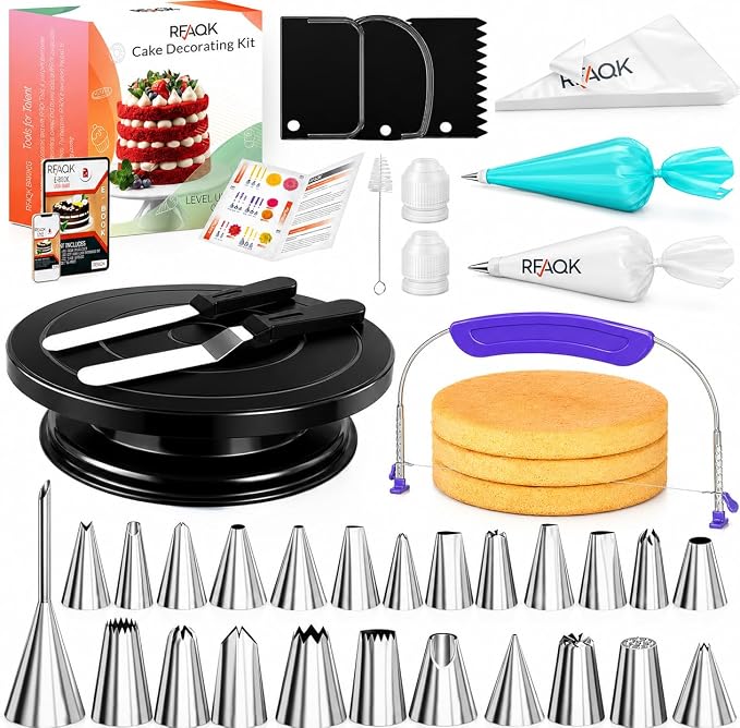 RFAQK 90PCs Cake Decorating Kit with Leveler, Baking Supplies Gift Includes Cake Stand Turntable, 24 Numbered Icing Tips, 55+1 Piping Bags, 2 Frosting Spatulas, 3 Scrappers, Video Course & Booklet