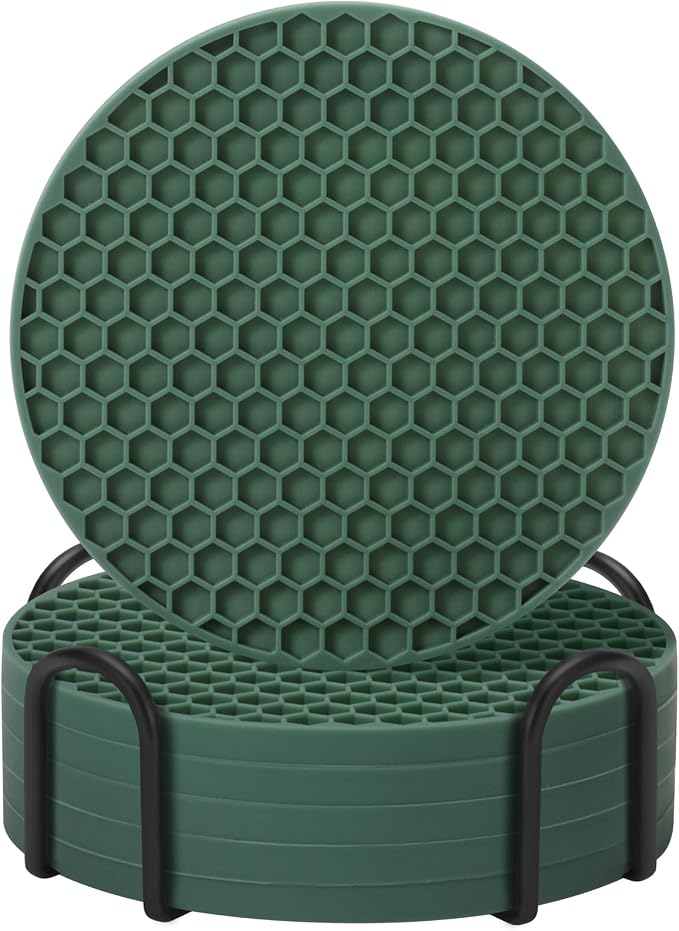 TWTLi Silicone Coasters Set of 6 with Holder — Non-Slip Drink Coasters for Coffee Table, Home Bar & Kitchen, Protects Wood & Marble Surfaces from Water Rings, Dishwasher Safe (Green)