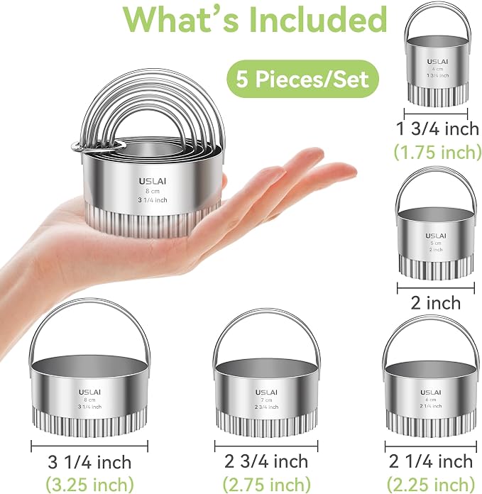 USLAI Biscuit Cutter Set (1.75, 2, 2.5, 2.75, 3.25 Inch) | Food-Grade Stainless Steel, Fluted Cookie Cutter with Handle, Professional Kitchen Baking Dough Tools