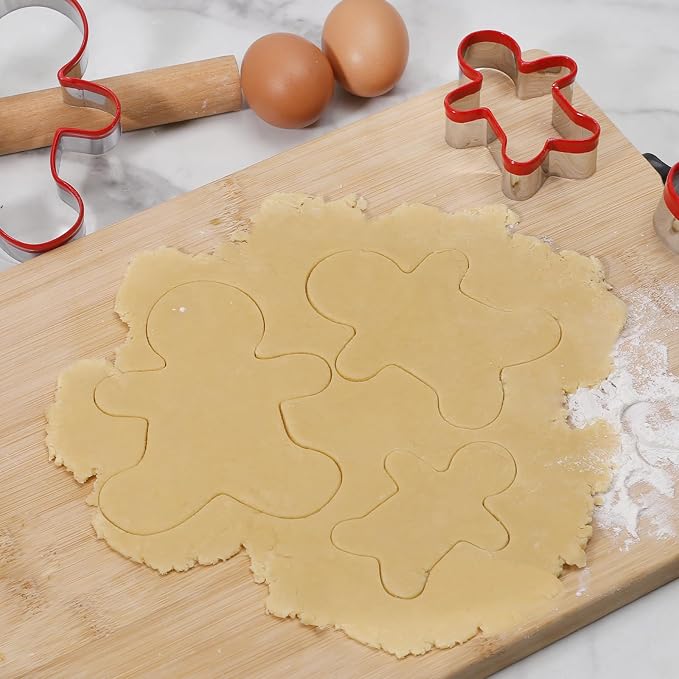 Gingerbread Man Cookie Cutters 3PCS, Stainless Steel Christmas Cookie Cutter Tools with Red Environmental PVC, Gingerbread Boy Shape Moulds Set for Baking