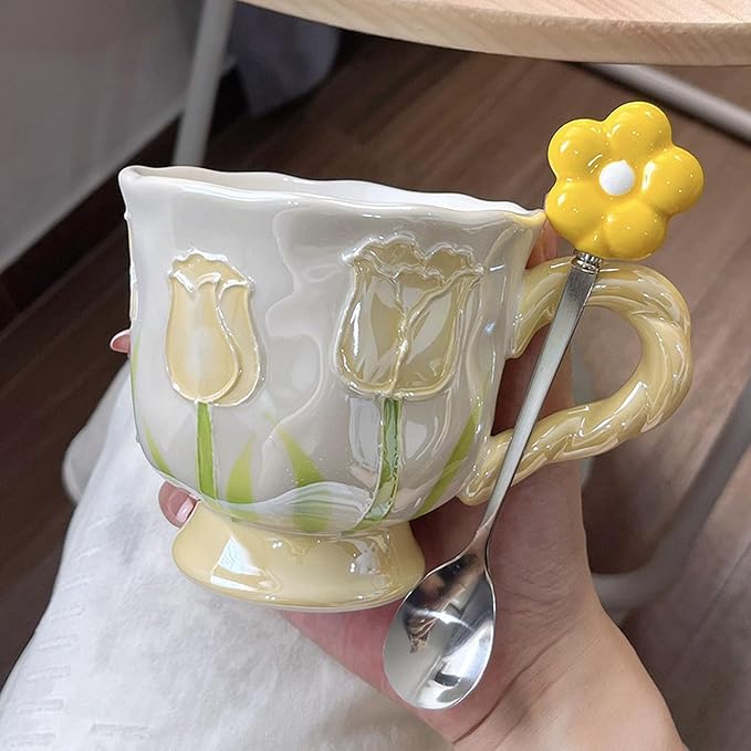 DTIUYIOP-Ceramic Coffee Mug 14oz/410ml Yellow Cute Flower with Spoon | novelty coffee mug, Tulip Shaped Floral,Girly Mug with Handle, Breakfast Milk Oatmeal Cup, cute mugs for women